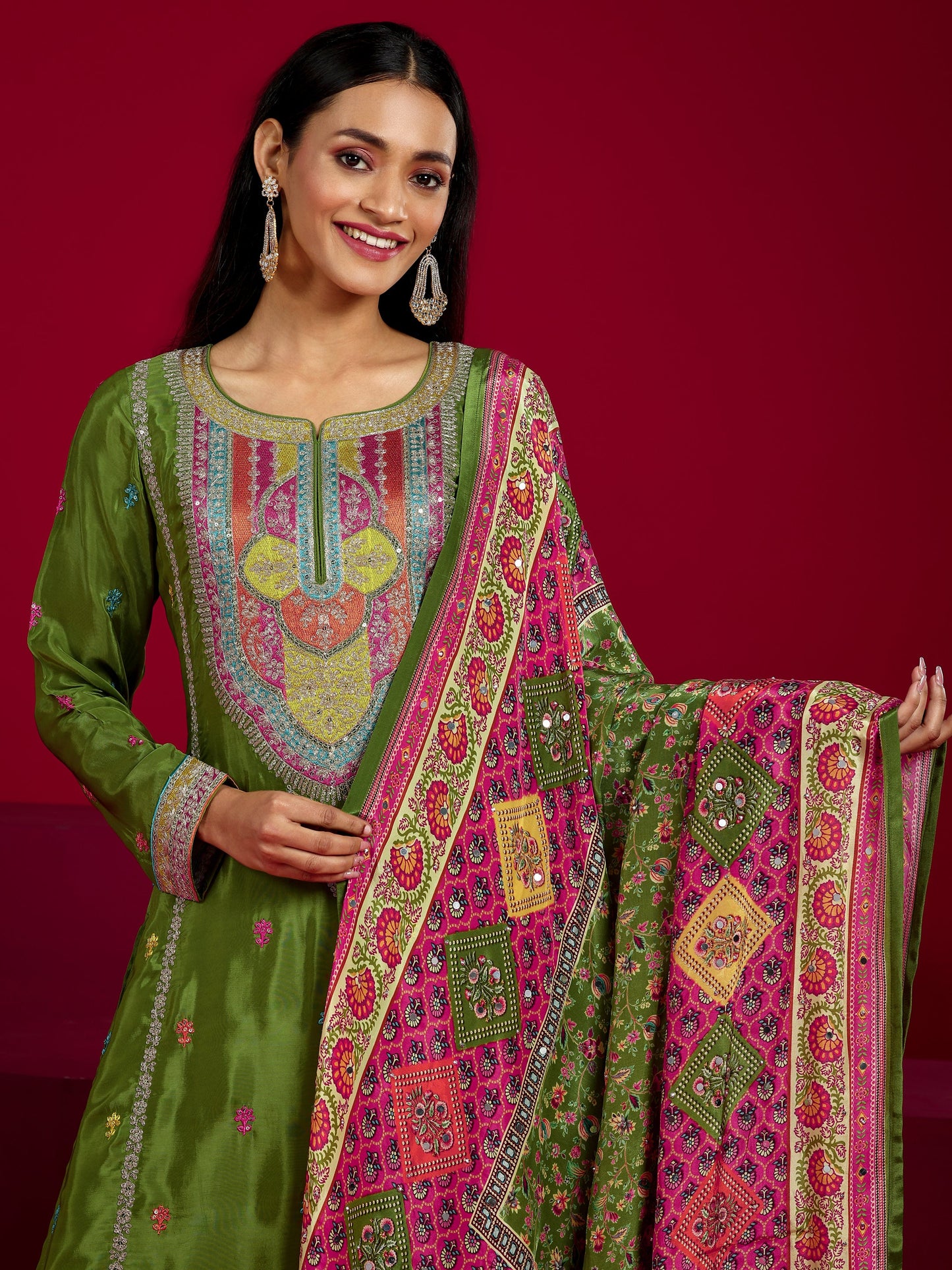 Libas Art Green Embroidered Silk Blend Straight Suit With Dupatta