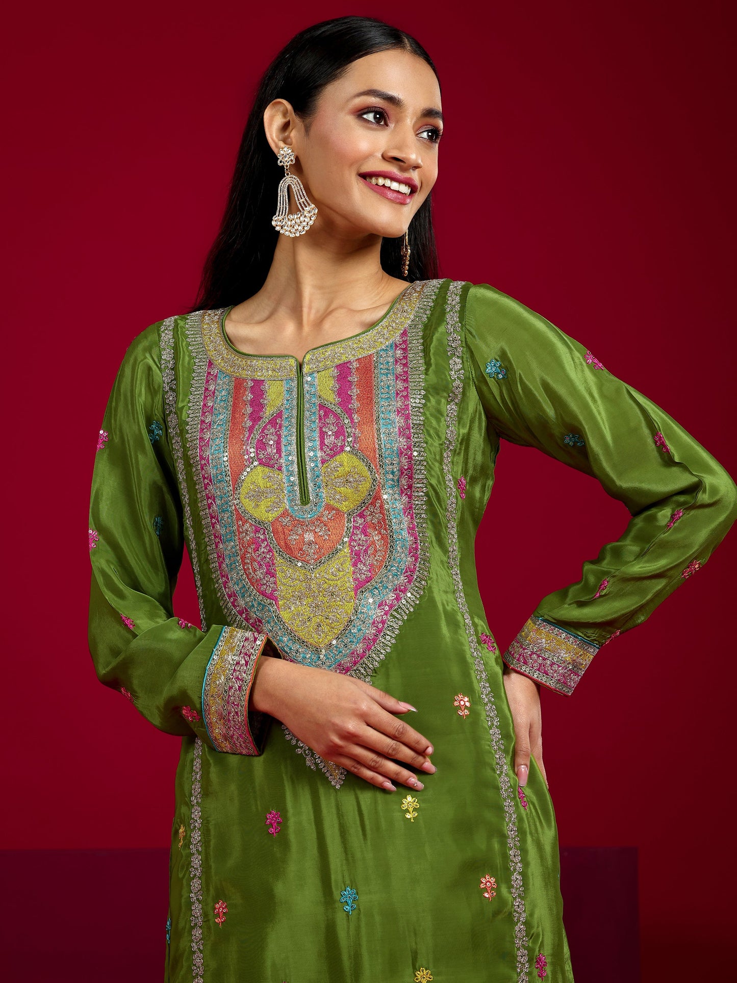 Libas Art Green Embroidered Silk Blend Straight Suit With Dupatta