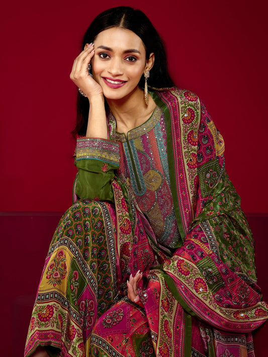 Libas Art Green Embroidered Silk Blend Straight Suit With Dupatta