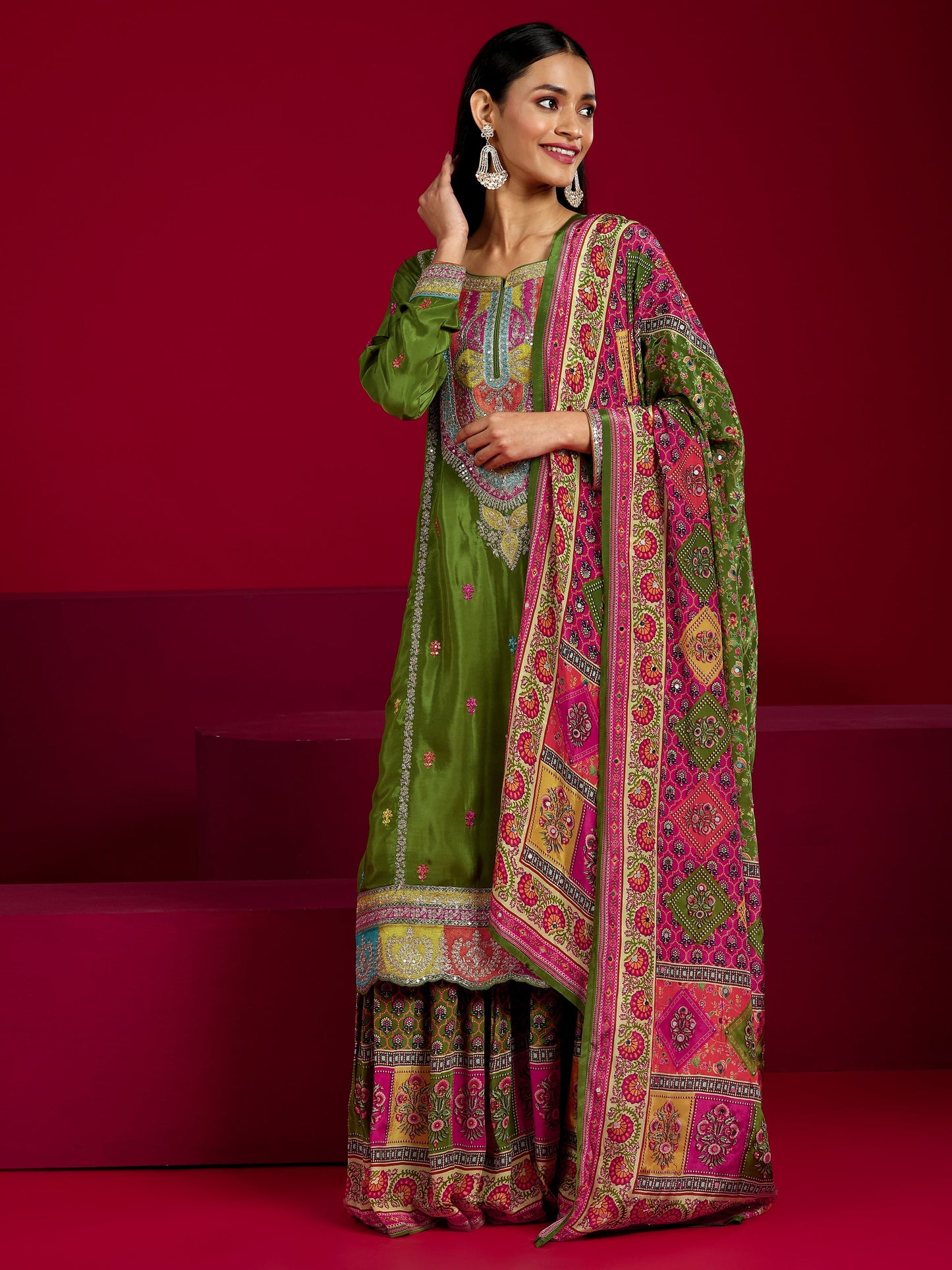 Libas Art Green Embroidered Silk Blend Straight Suit With Dupatta