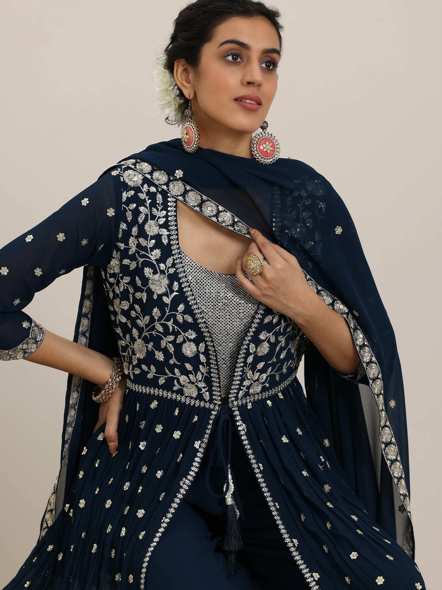 Blue Embellished Georgette Co-Ords With Shrug