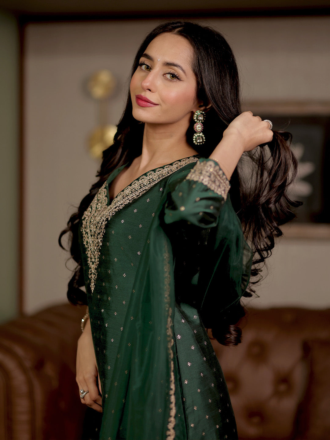 Green Woven Design Chanderi Silk A-Line Kurta With Trousers & Dupatta