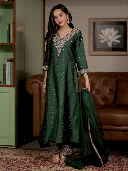Green Woven Design Chanderi Silk A-Line Kurta With Trousers & Dupatta
