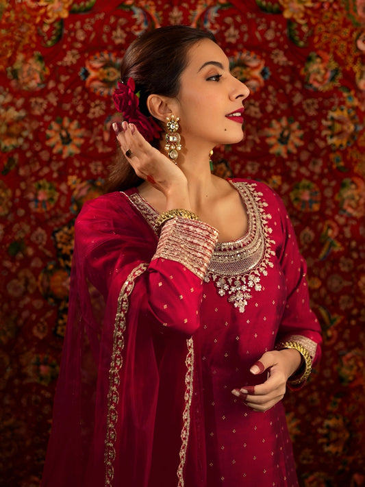 Maroon Woven Design Chanderi Silk A-Line Kurta With Palazzos & Dupatta