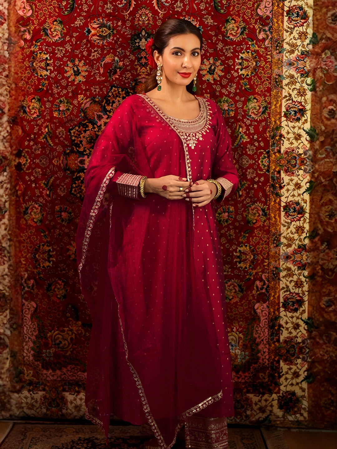 Maroon Woven Design Chanderi Silk A-Line Kurta With Palazzos & Dupatta