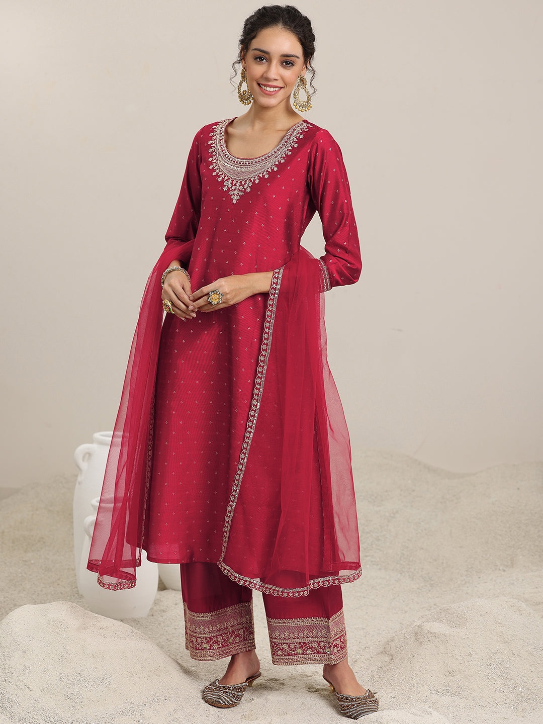 Maroon Woven Design Chanderi Silk A-Line Kurta With Palazzos & Dupatta