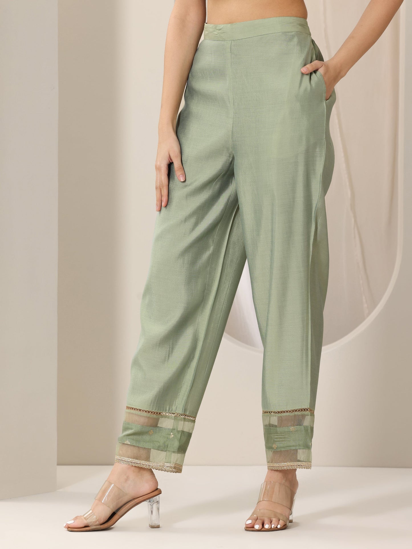 Green Embroidered Silk Blend Straight Kurta Set