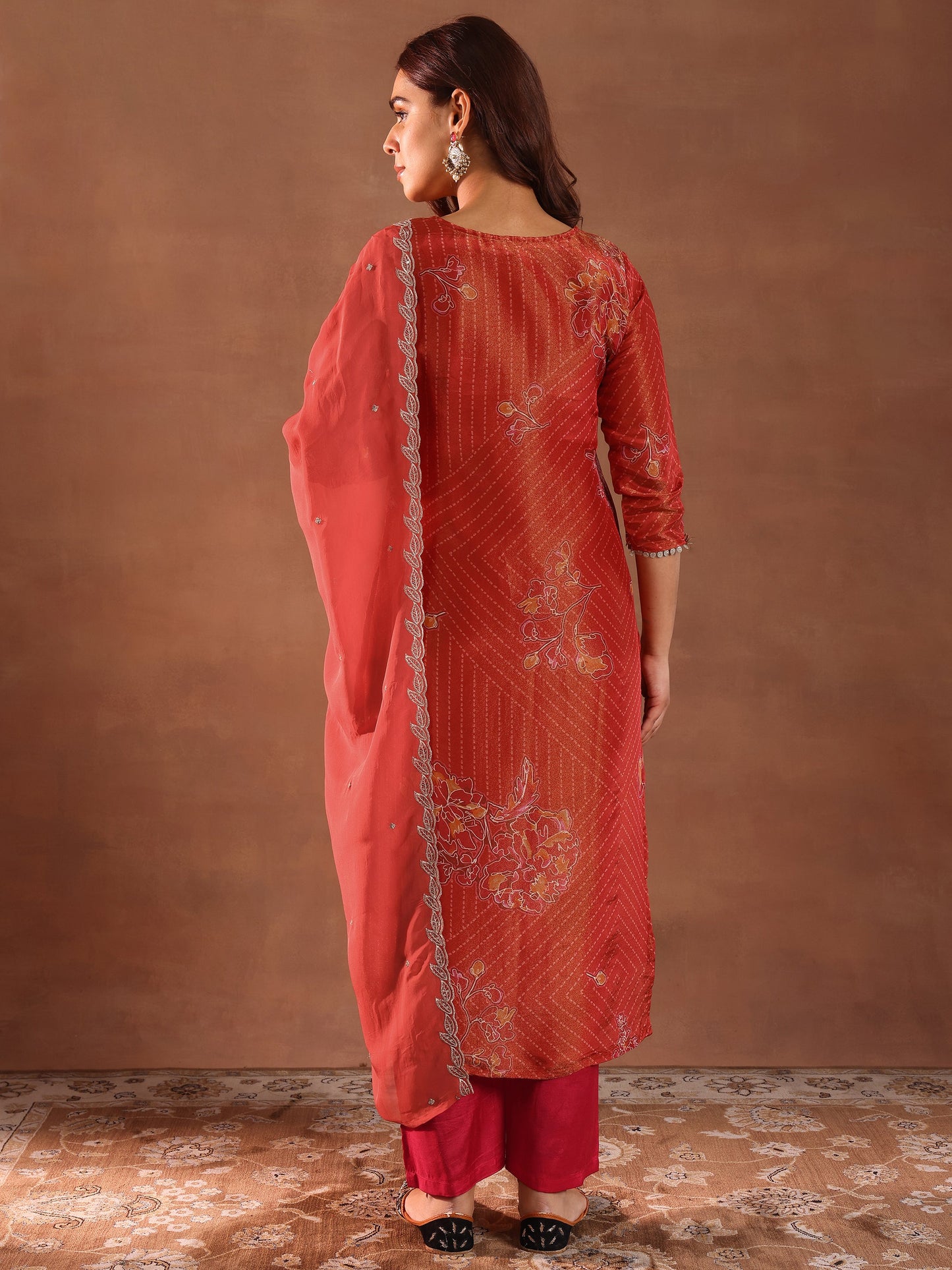 Red Printed Silk Blend Straight Suit With Dupatta