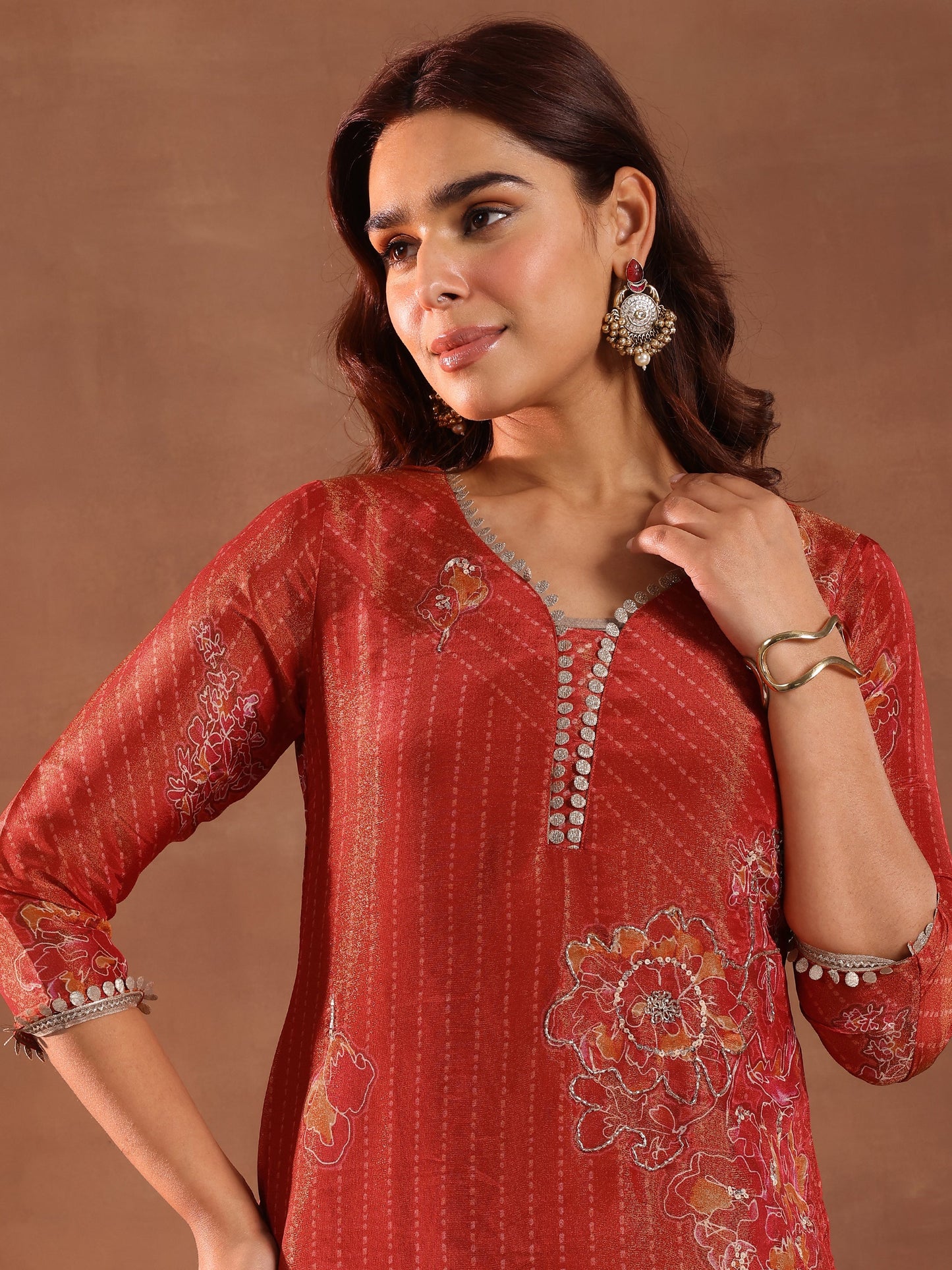 Red Printed Silk Blend Straight Suit With Dupatta