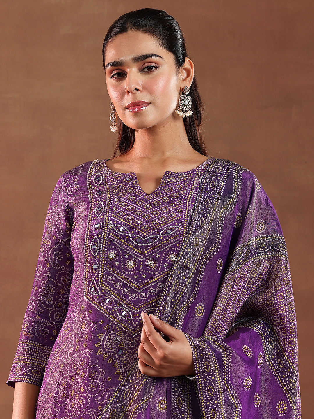 Purple Printed Silk Blend Straight Suit With Dupatta
