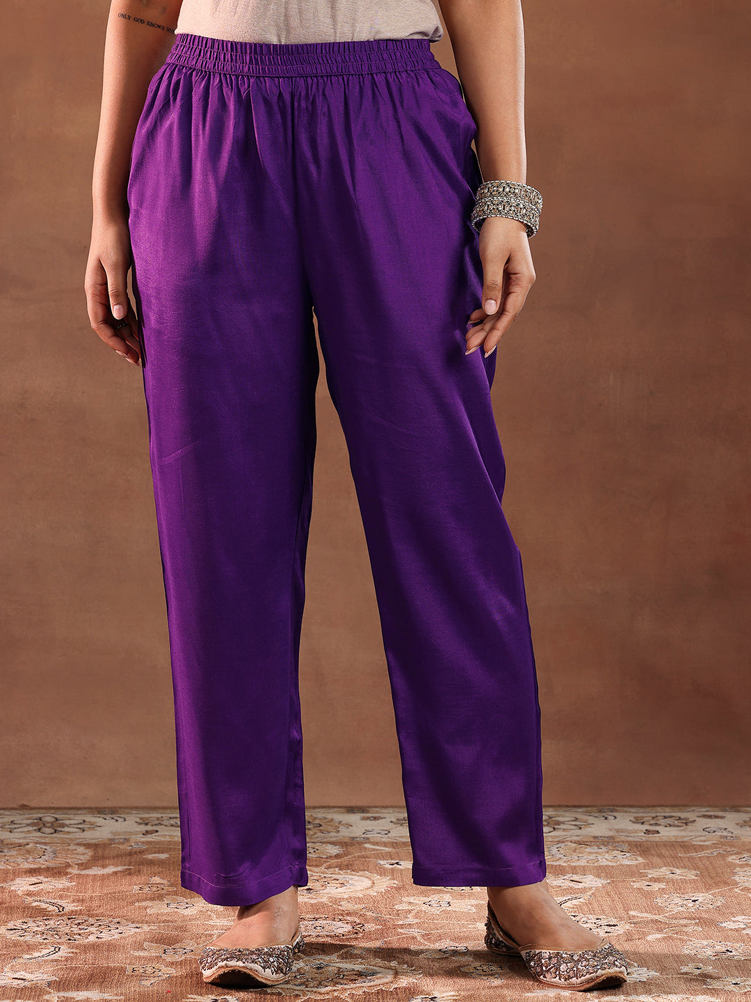 Purple Printed Silk Blend Straight Suit With Dupatta