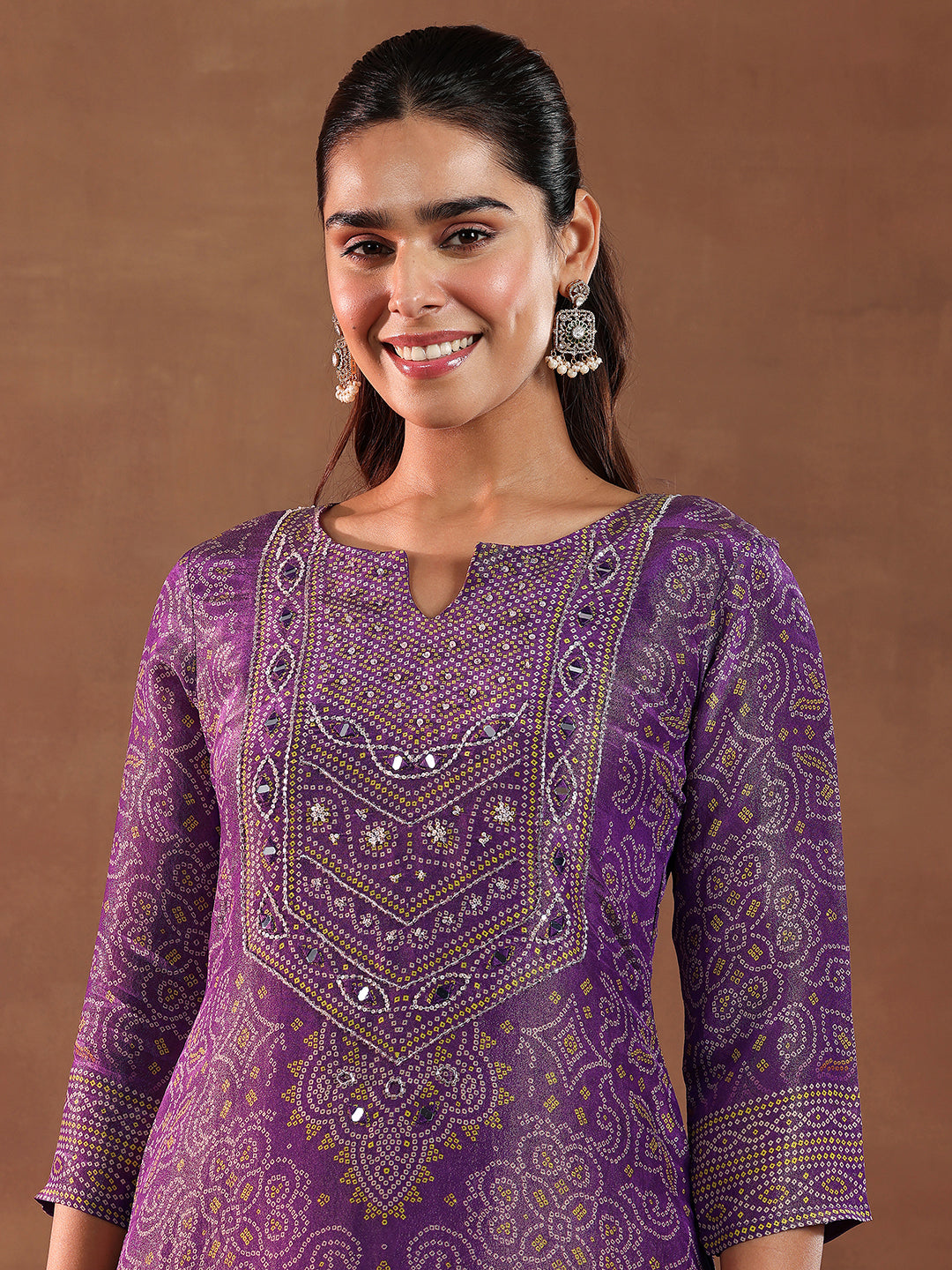 Purple Printed Silk Blend Straight Suit With Dupatta
