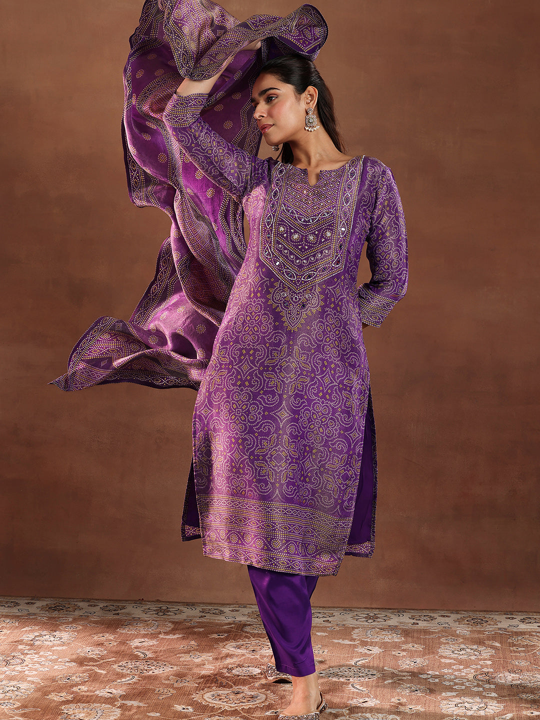 Purple Printed Silk Blend Straight Suit With Dupatta