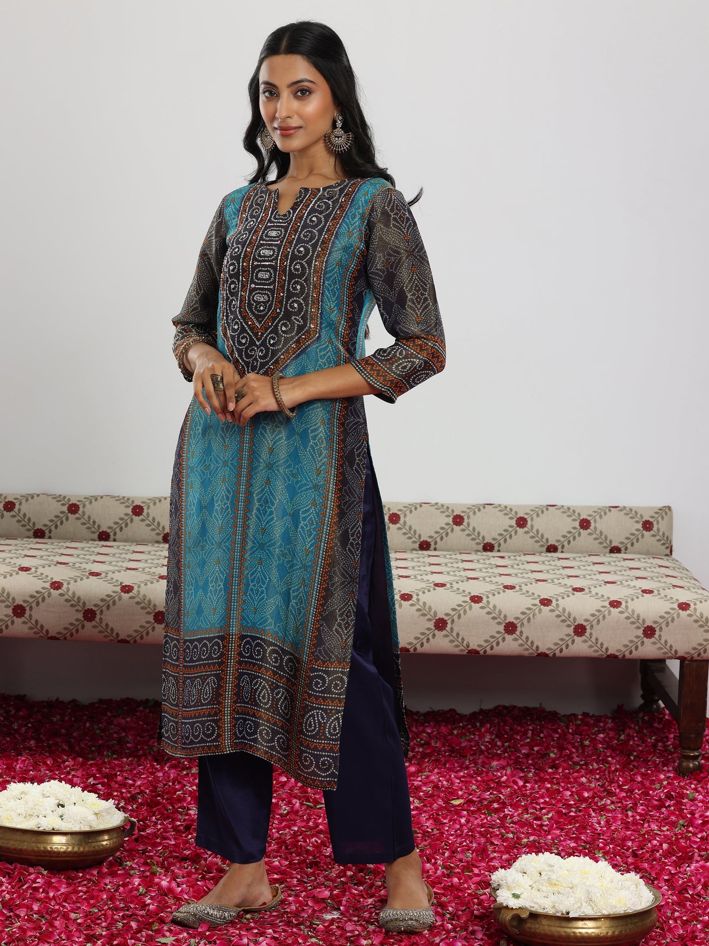 Blue Printed Silk Blend Straight Suit With Dupatta