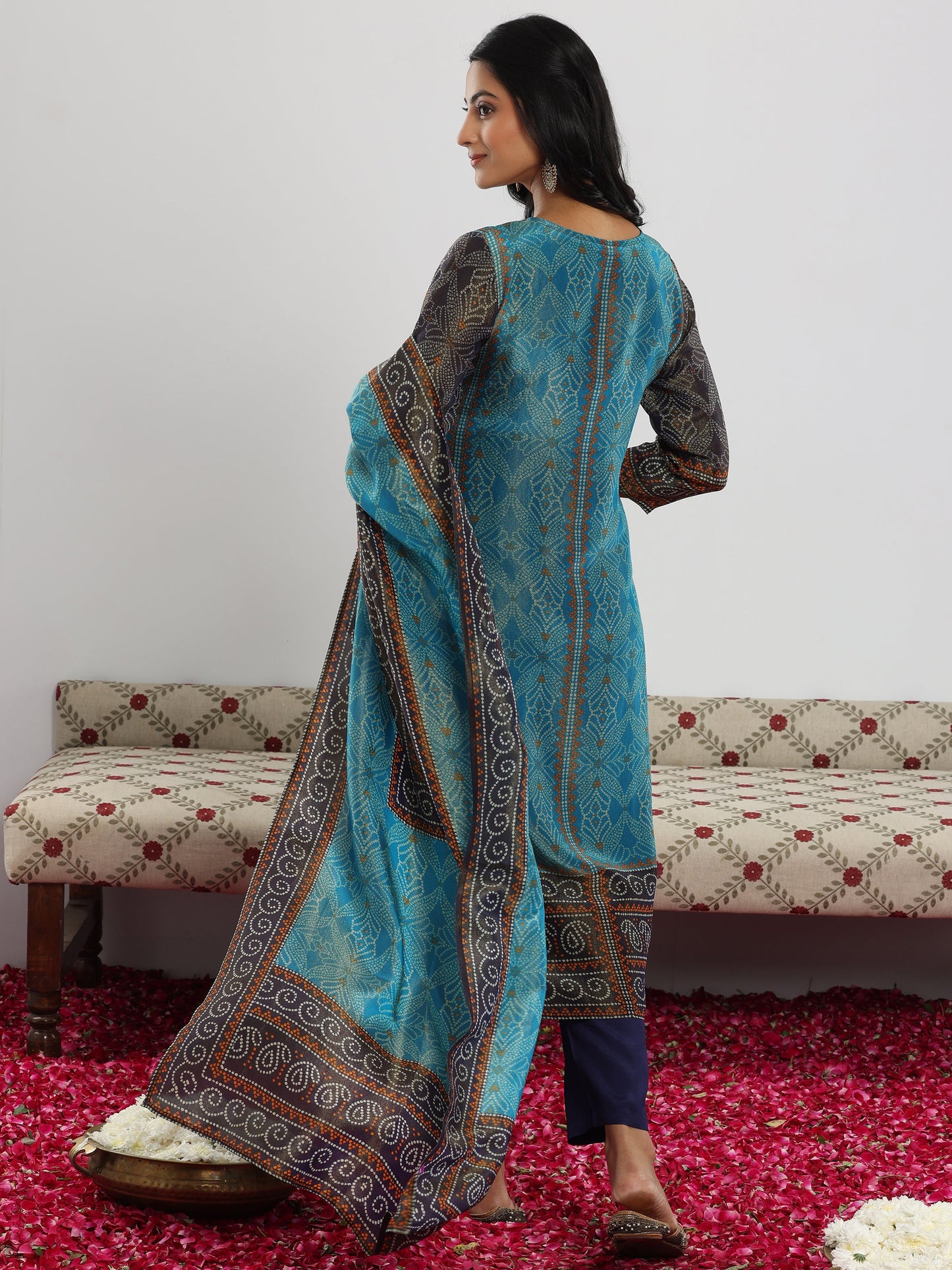 Blue Printed Silk Blend Straight Suit With Dupatta