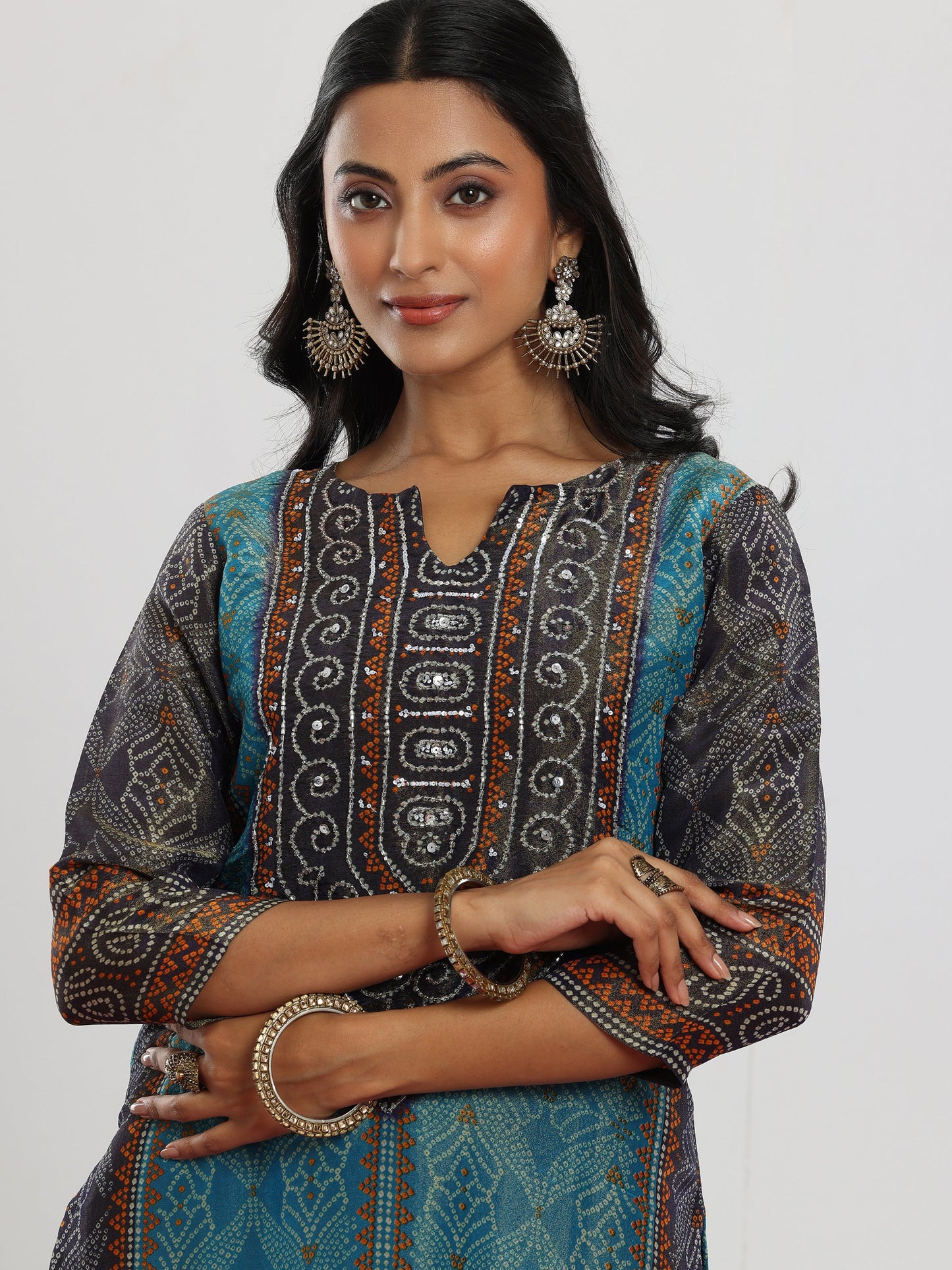 Blue Printed Silk Blend Straight Suit With Dupatta