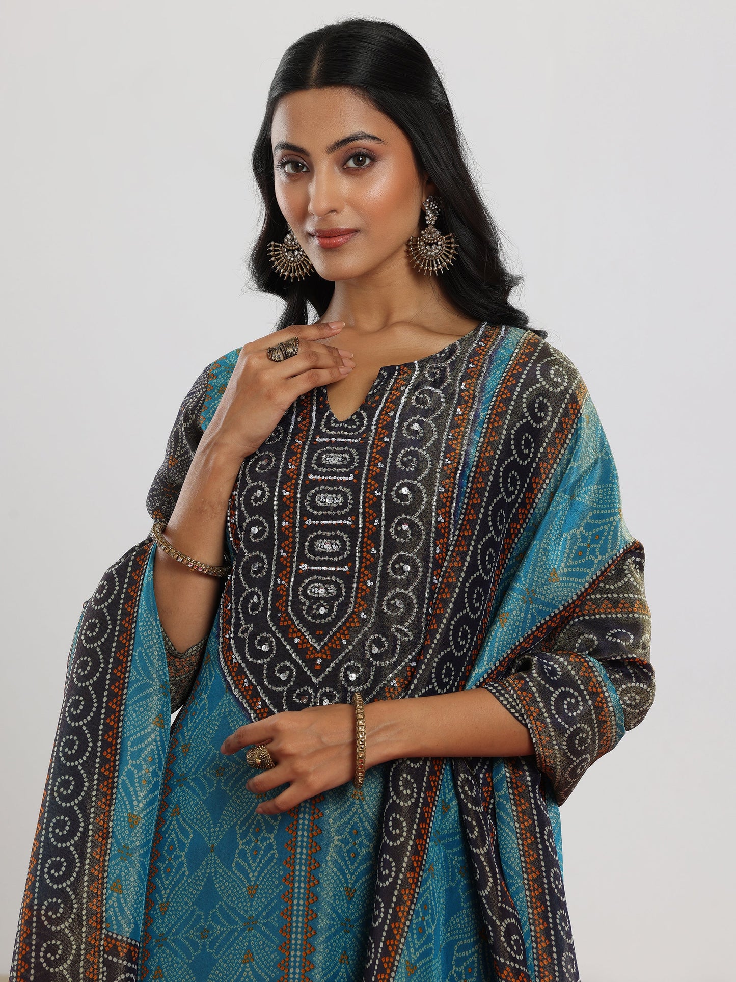 Blue Printed Silk Blend Straight Suit With Dupatta