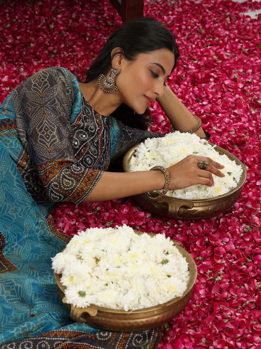 Blue Printed Silk Blend Straight Suit With Dupatta