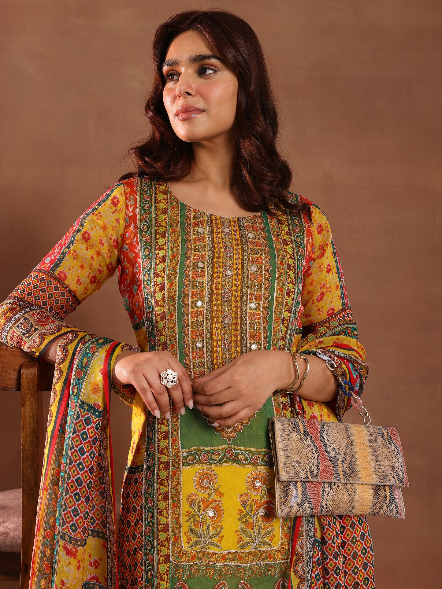 Mutli Printed Silk Blend Straight Suit With Dupatta