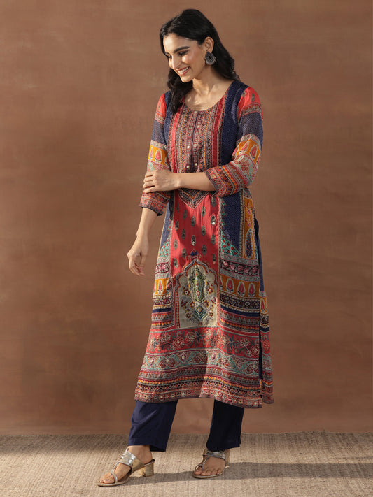 Multicoloured Printed Organza Straight Suit Set With Dupatta