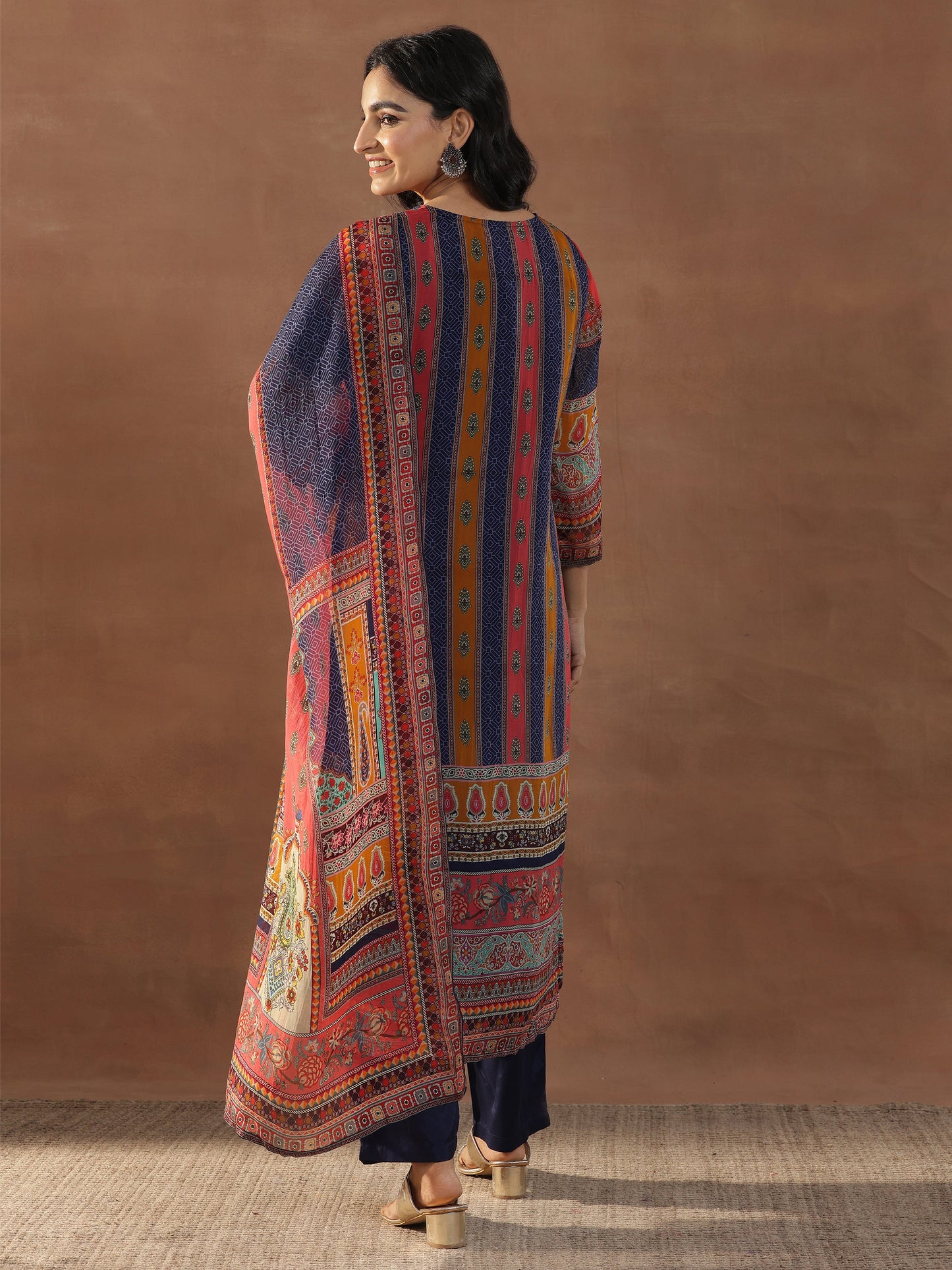 Multicoloured Printed Organza Straight Suit Set With Dupatta