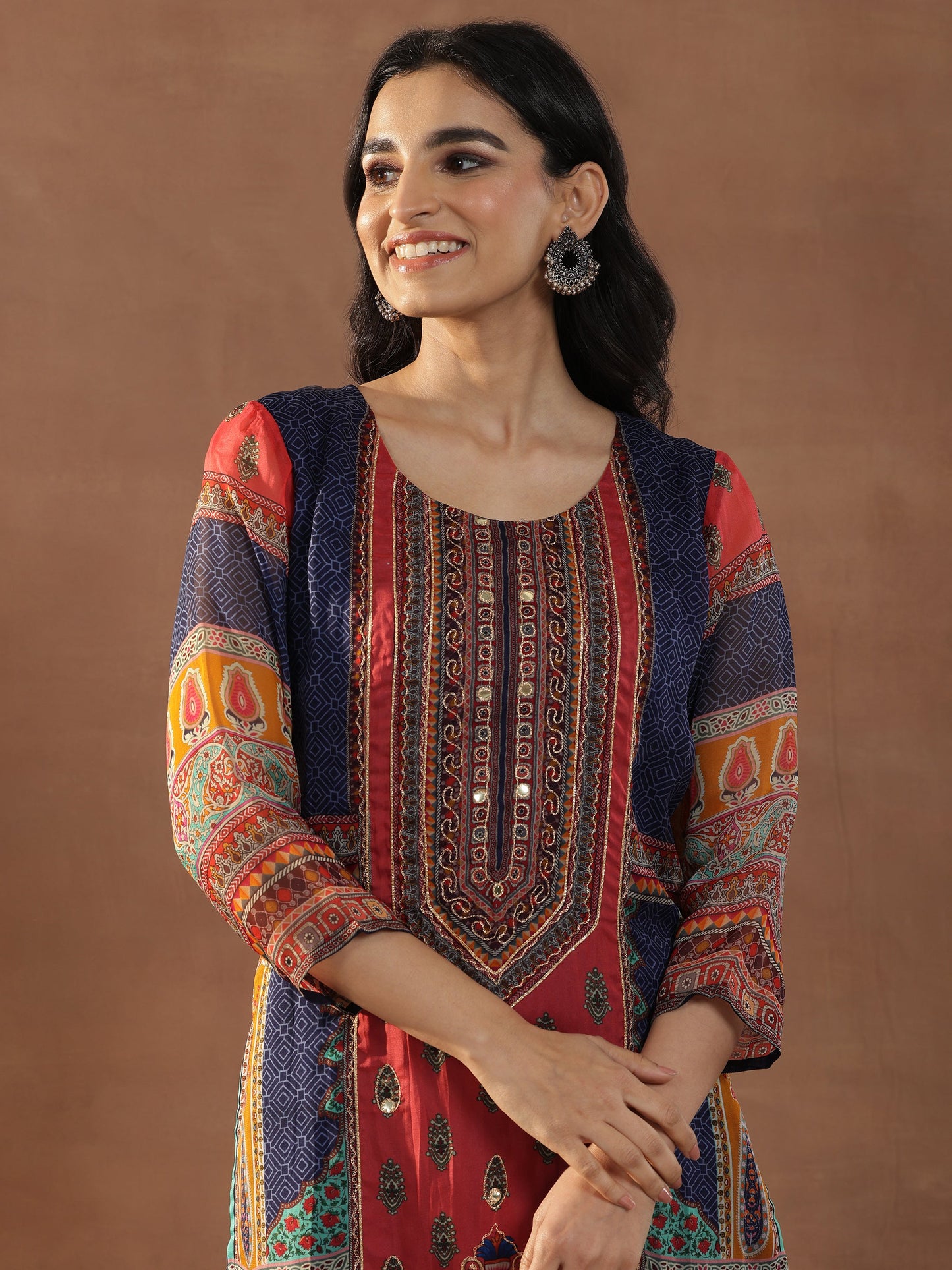 Multicoloured Printed Organza Straight Suit Set With Dupatta