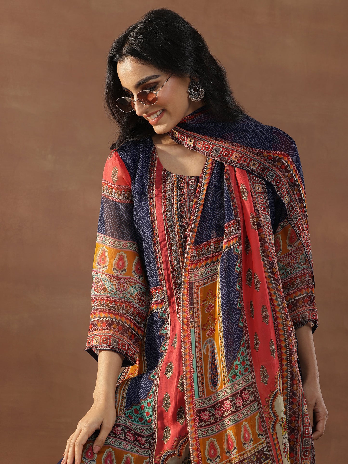 Multicoloured Printed Organza Straight Suit Set With Dupatta