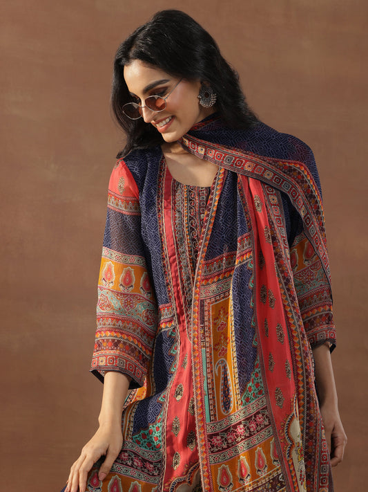 Multicoloured Printed Organza Straight Suit Set With Dupatta