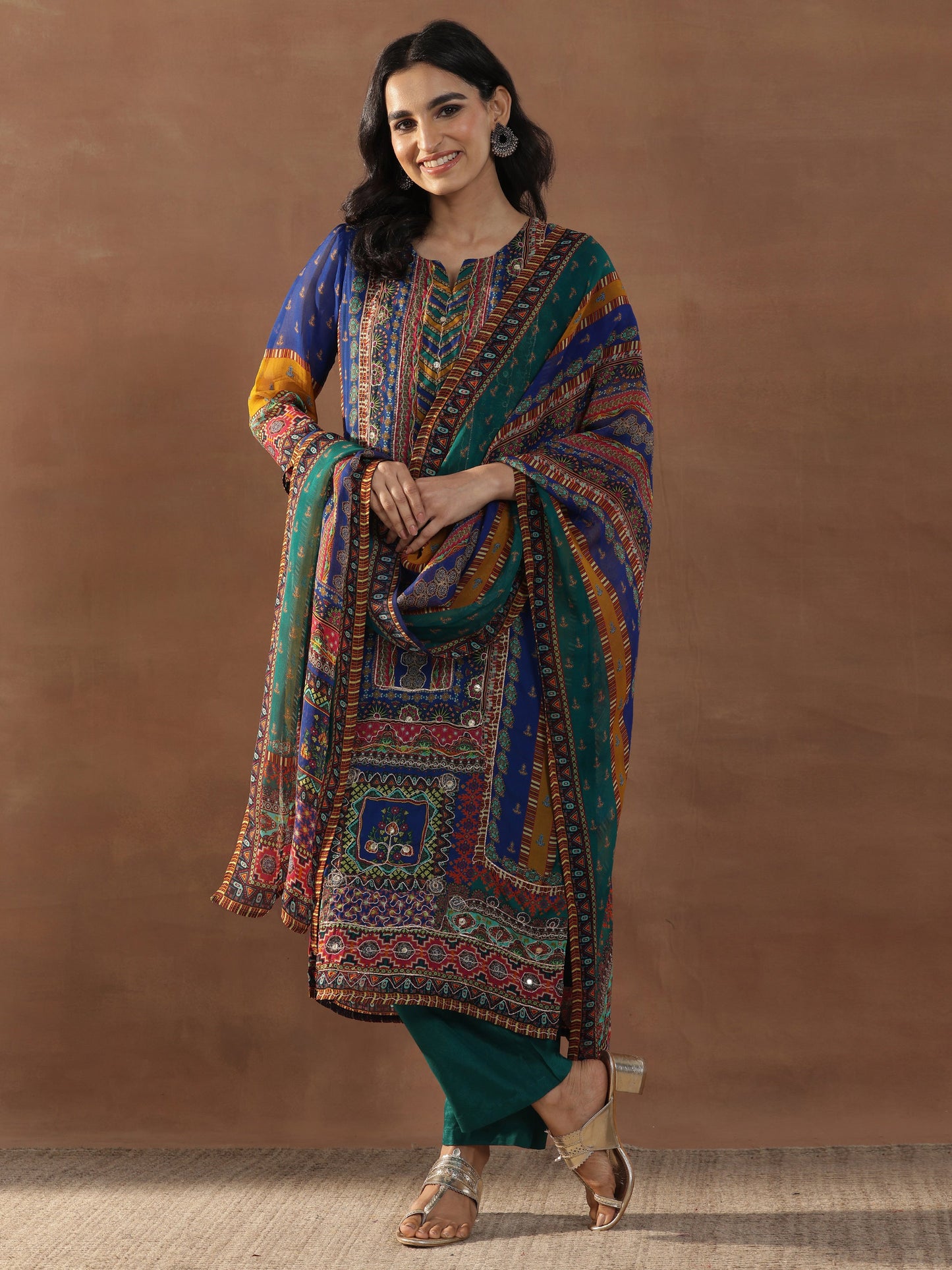 Multicoloured Printed Organza Straight Suit Set With Dupatta