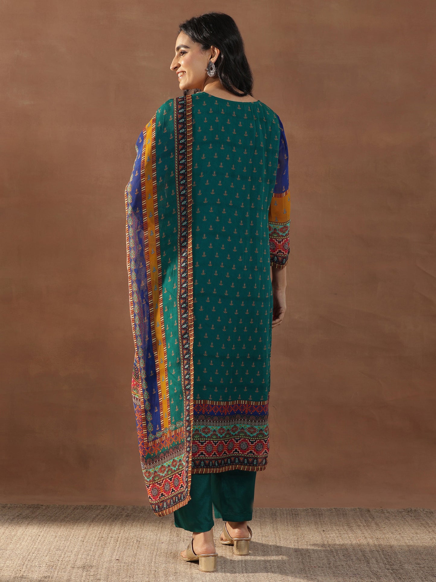 Multicoloured Printed Organza Straight Suit Set With Dupatta