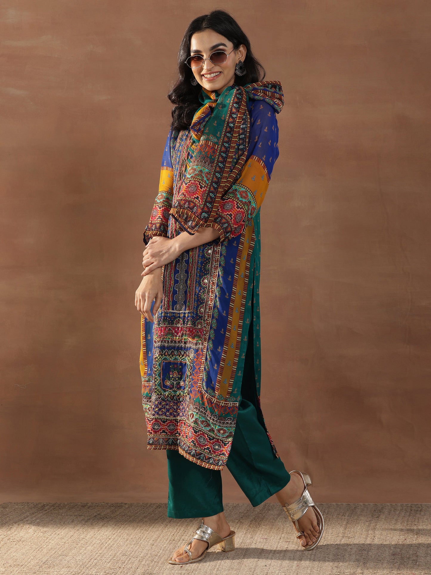 Multicoloured Printed Organza Straight Suit Set With Dupatta