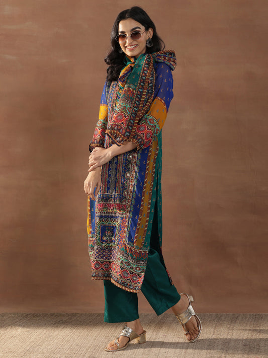 Multicoloured Printed Organza Straight Suit Set With Dupatta