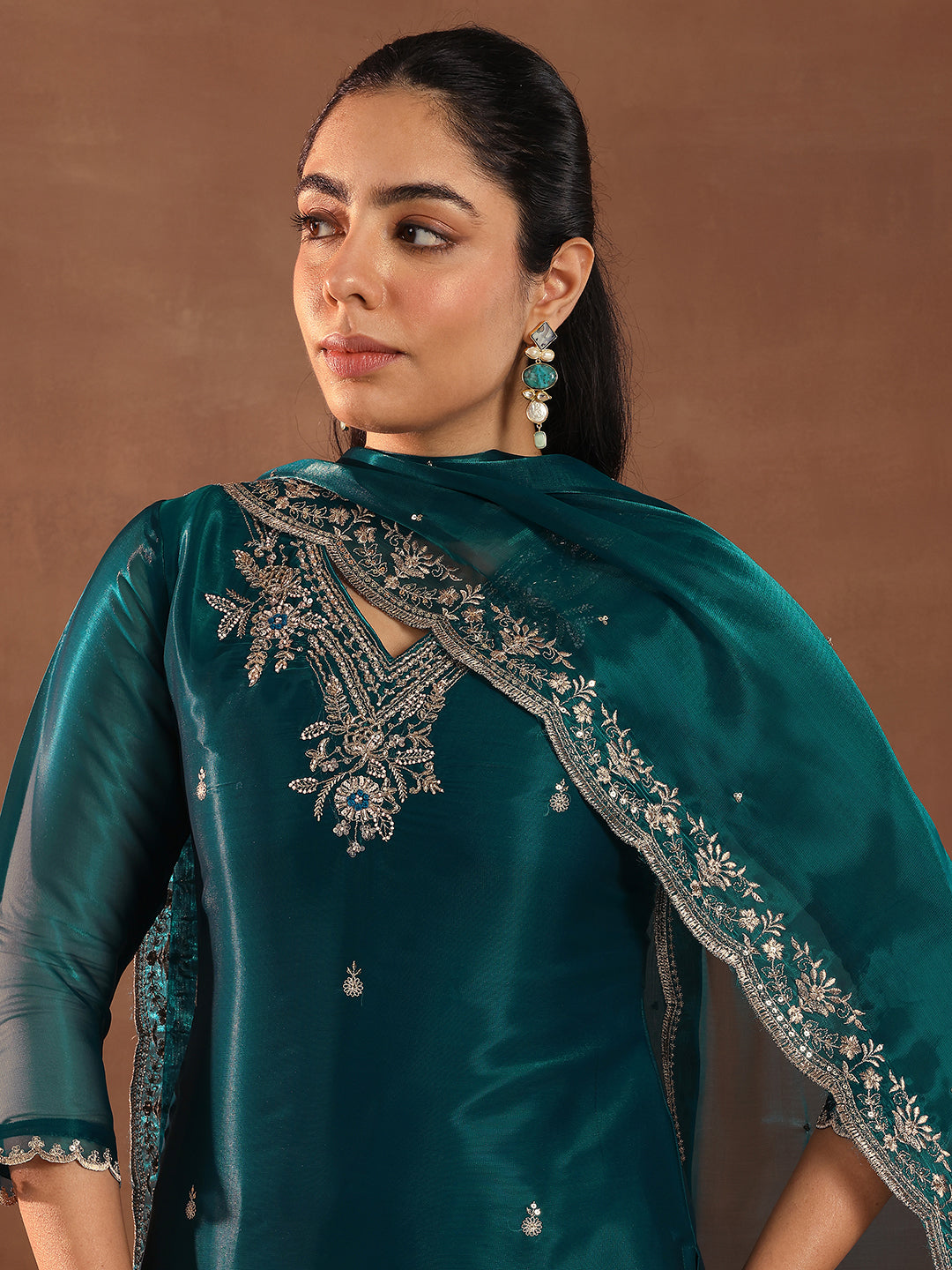Teal Yoke Design Tissue Straight Suit With Dupatta