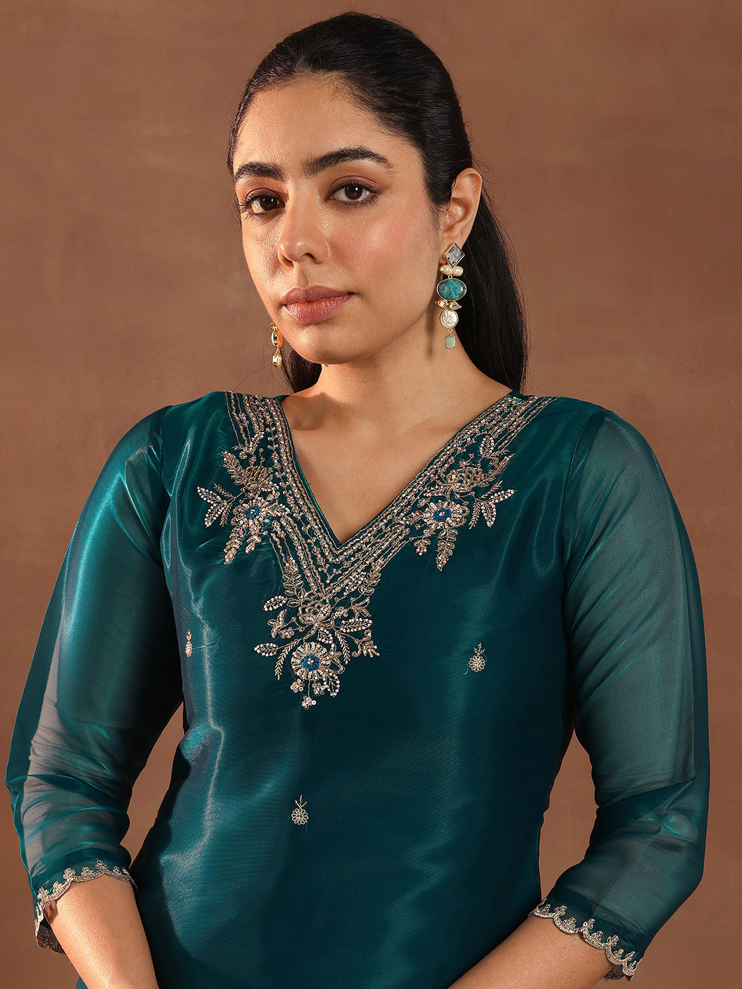 Teal Yoke Design Tissue Straight Suit With Dupatta