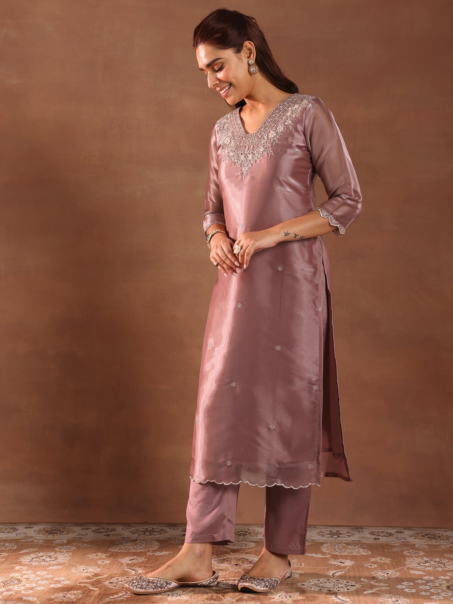 Mauve Yoke Design Tissue Straight Suit With Dupatta