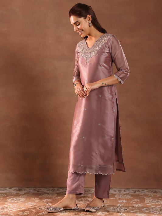 Mauve Yoke Design Tissue Straight Suit With Dupatta