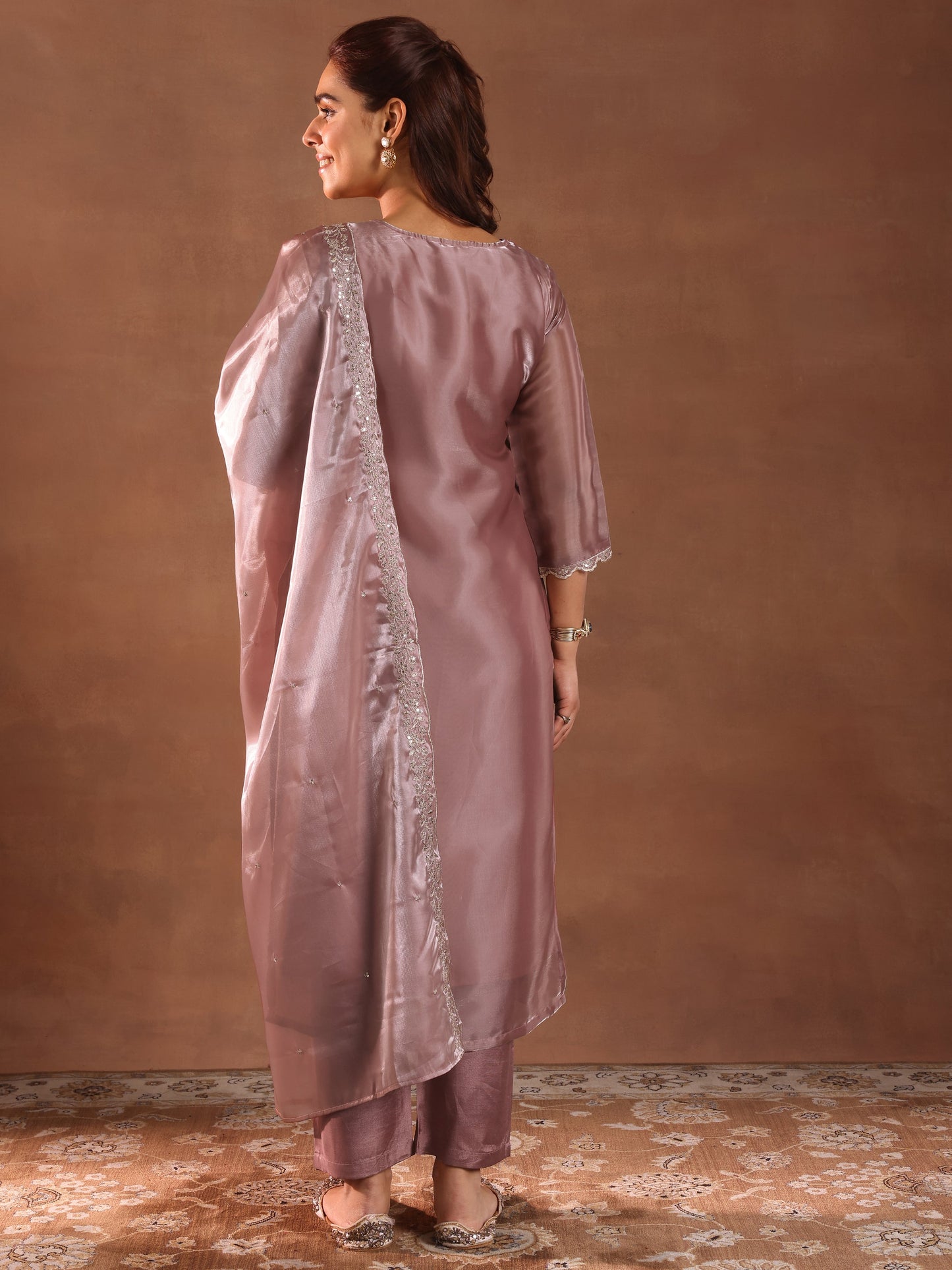 Mauve Yoke Design Tissue Straight Suit With Dupatta