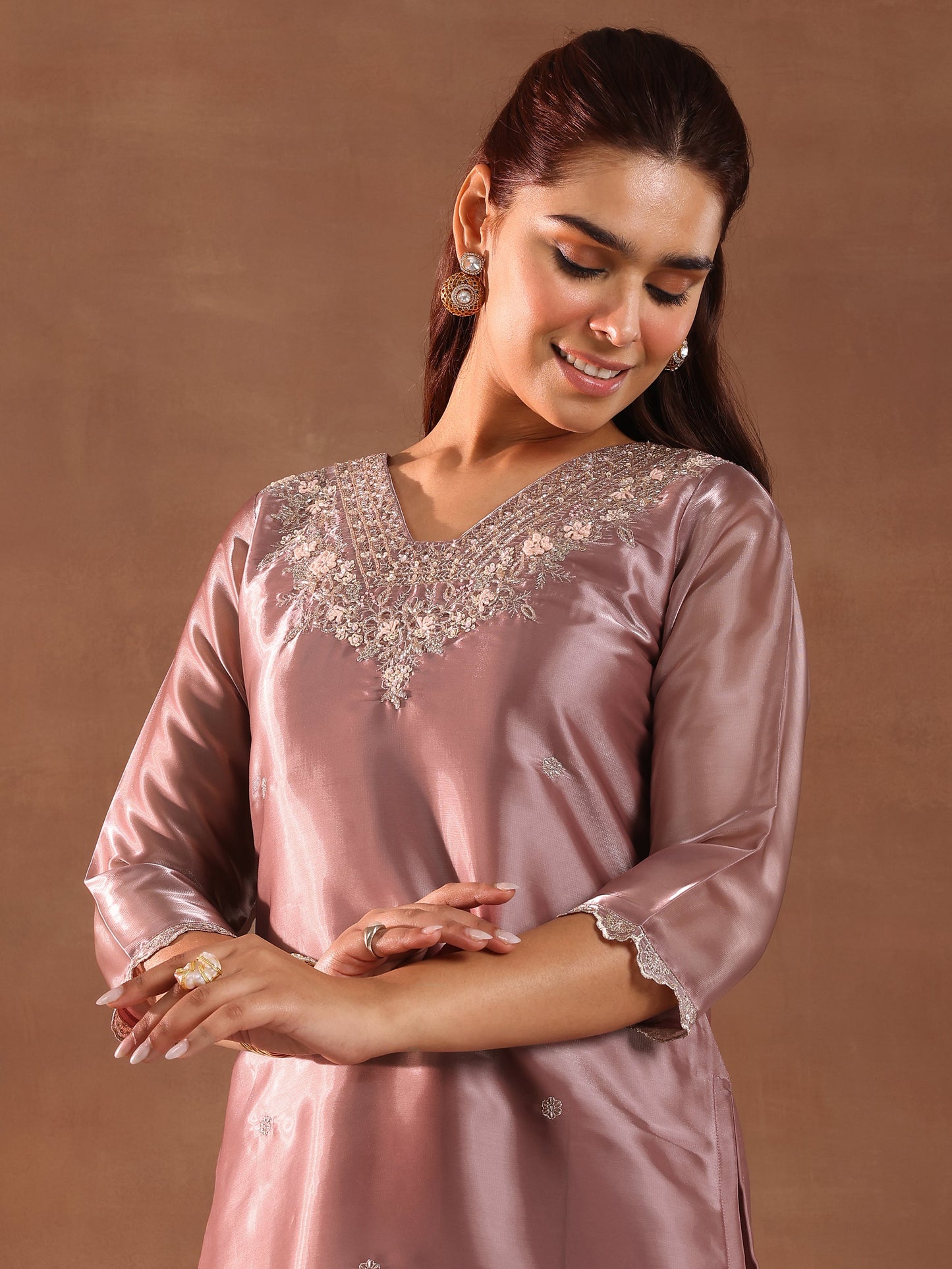 Mauve Yoke Design Tissue Straight Suit With Dupatta