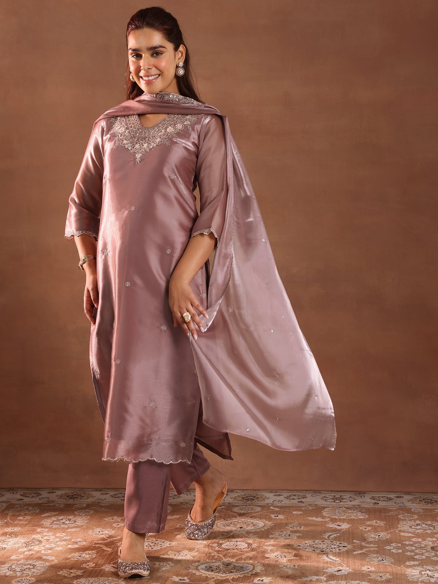Mauve Yoke Design Tissue Straight Suit With Dupatta