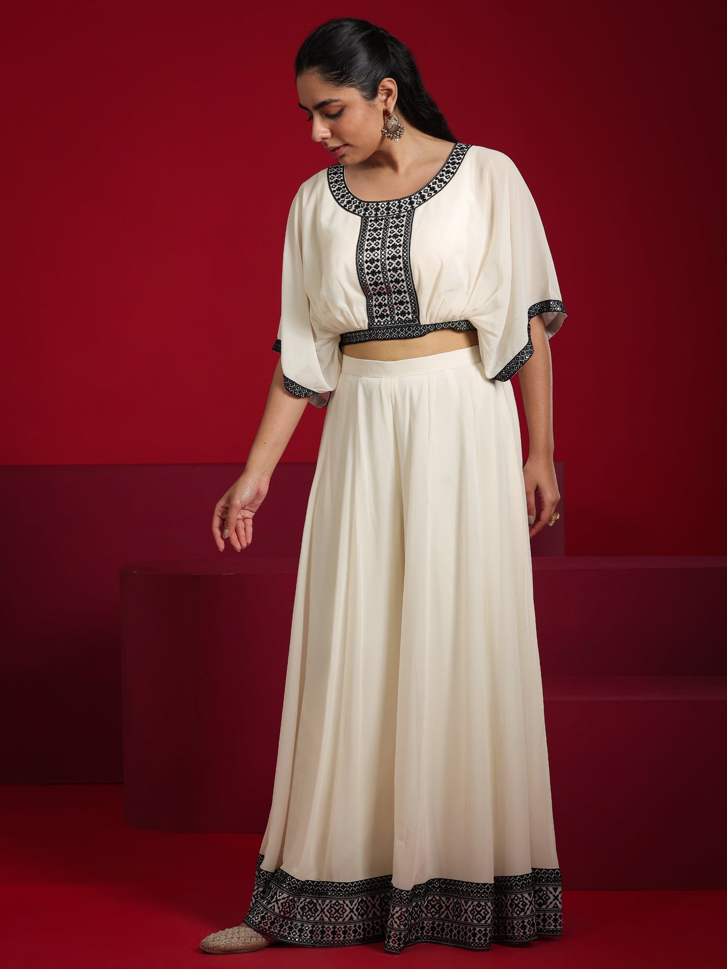 Libas Art Off-White Embroidered Georgette Co-Ords With Dupatta