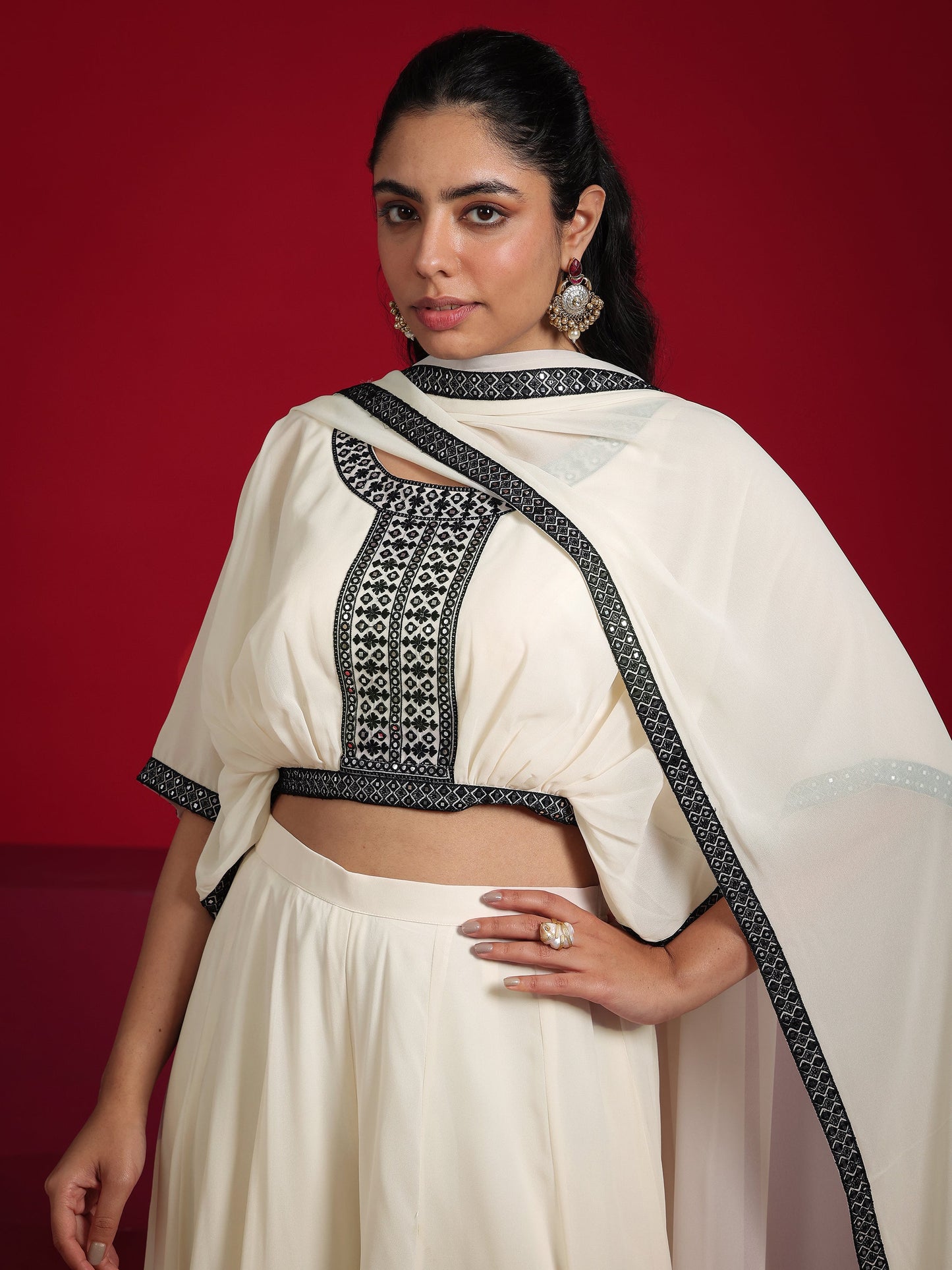 Libas Art Off-White Embroidered Georgette Co-Ords With Dupatta