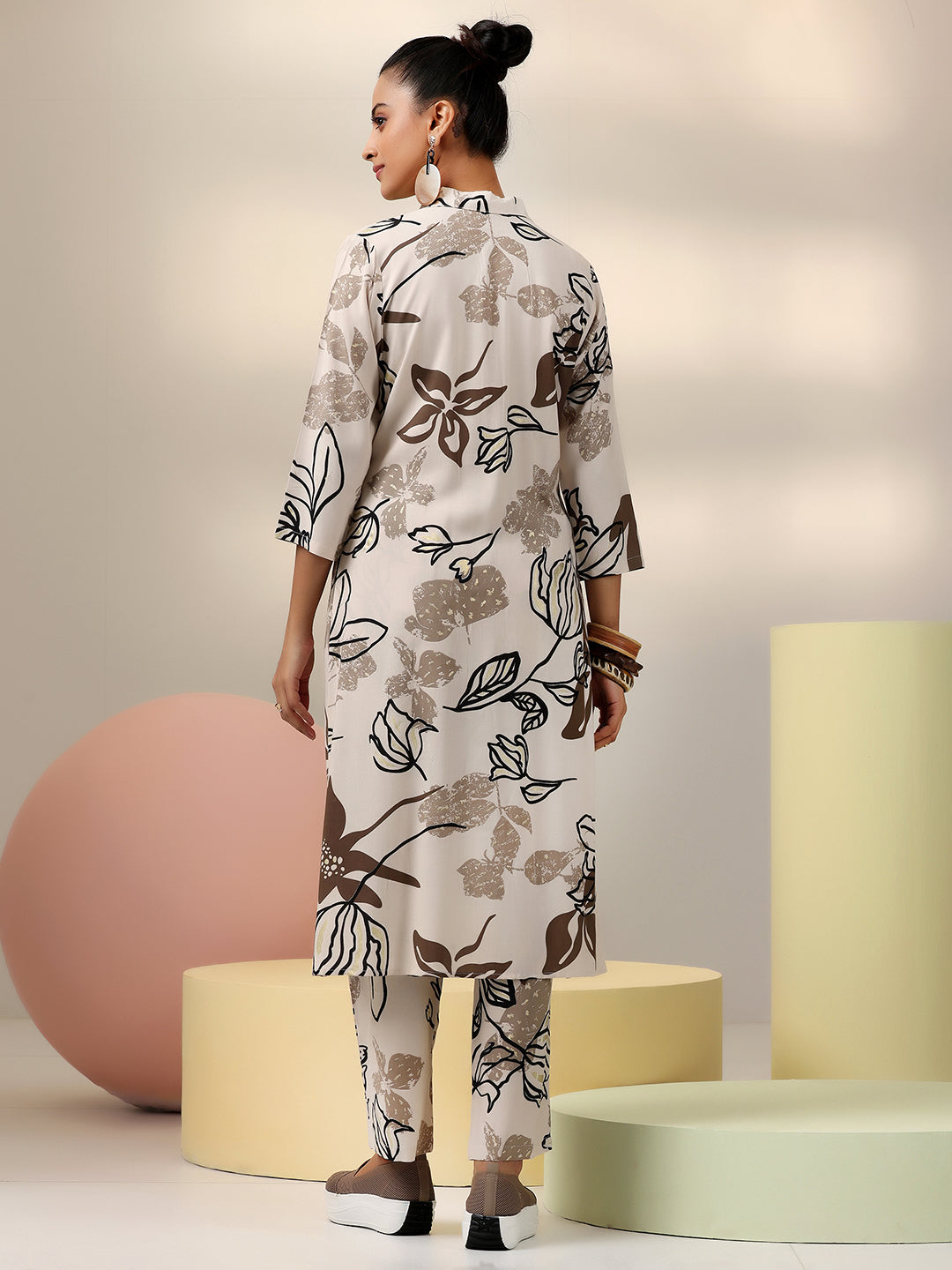 Beige Printed Rayon Co-Ords