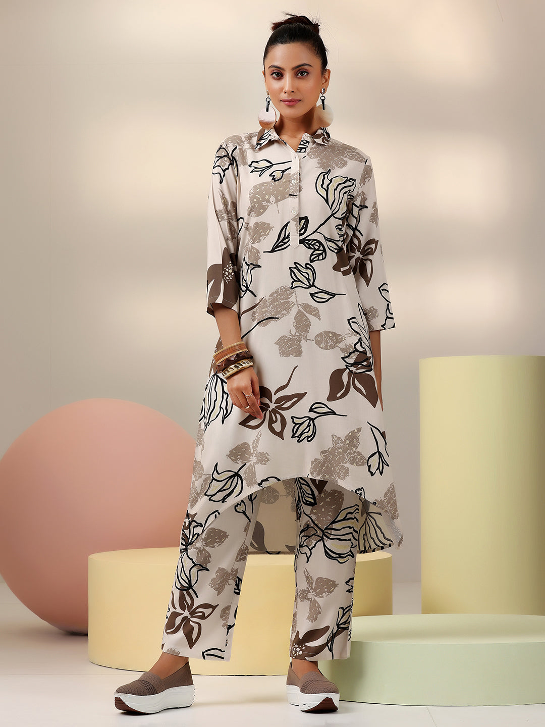 Beige Printed Rayon Co-Ords