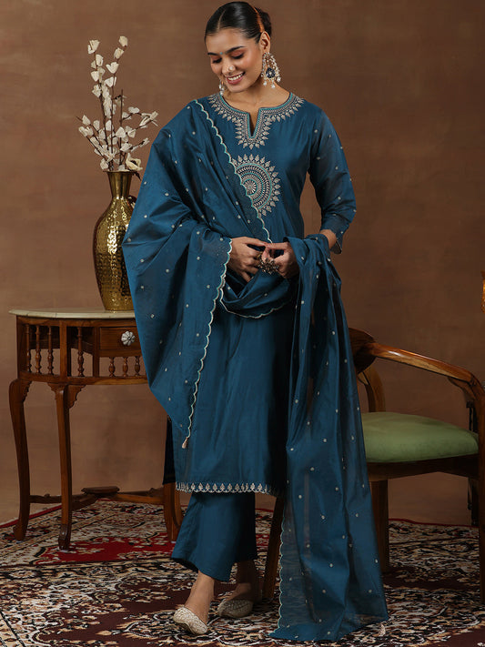 Navy Blue Embroidered Chanderi Silk Straight Suit With Dupatta