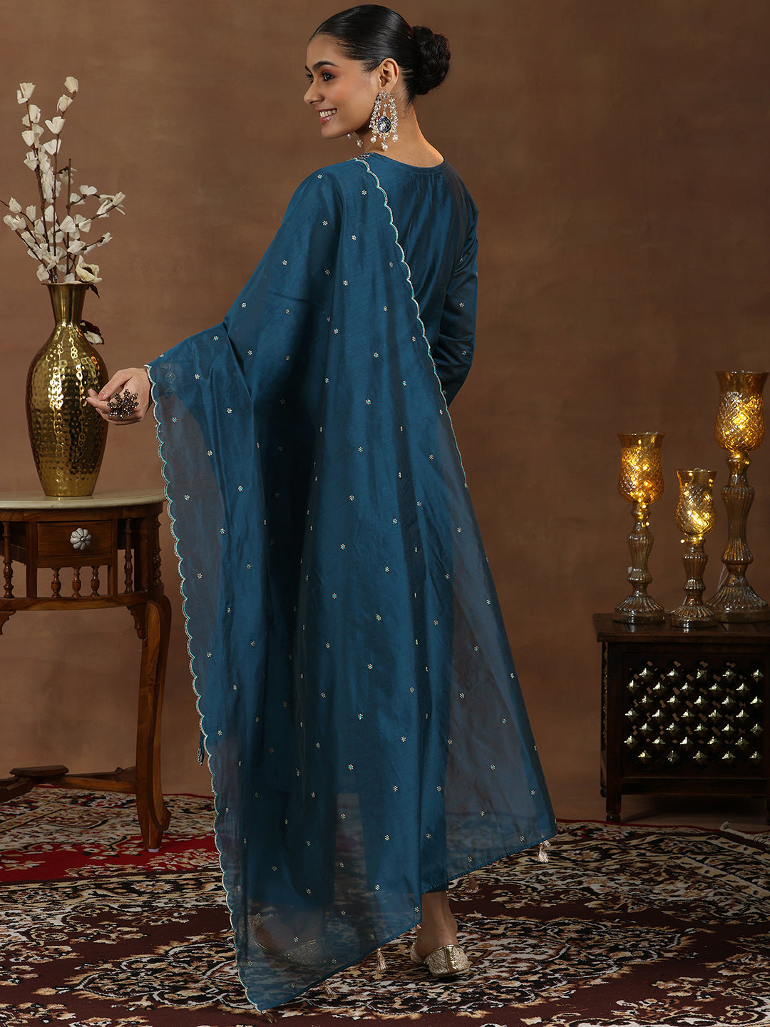 Navy Blue Embroidered Chanderi Silk Straight Suit With Dupatta