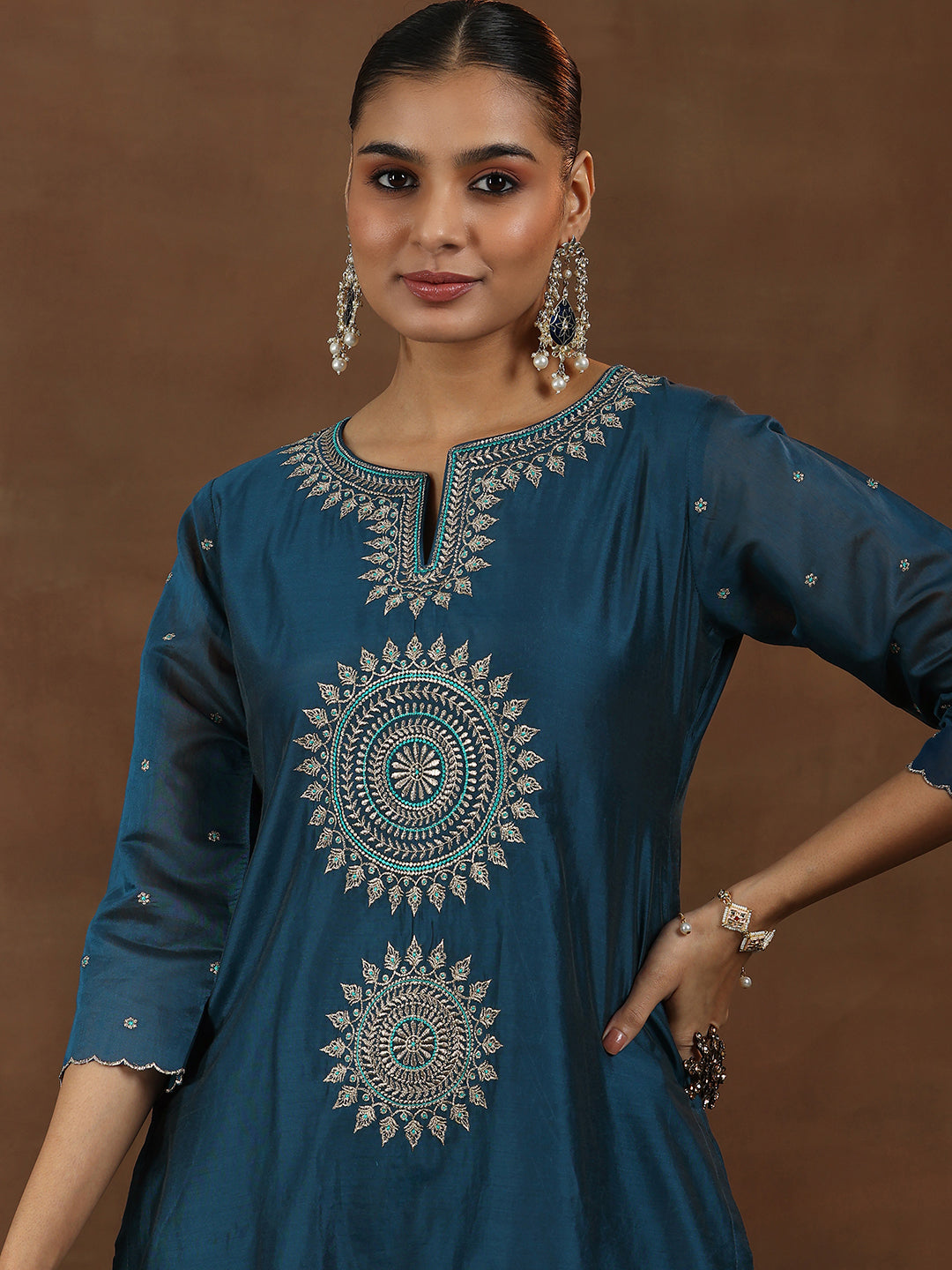 Navy Blue Embroidered Chanderi Silk Straight Suit With Dupatta