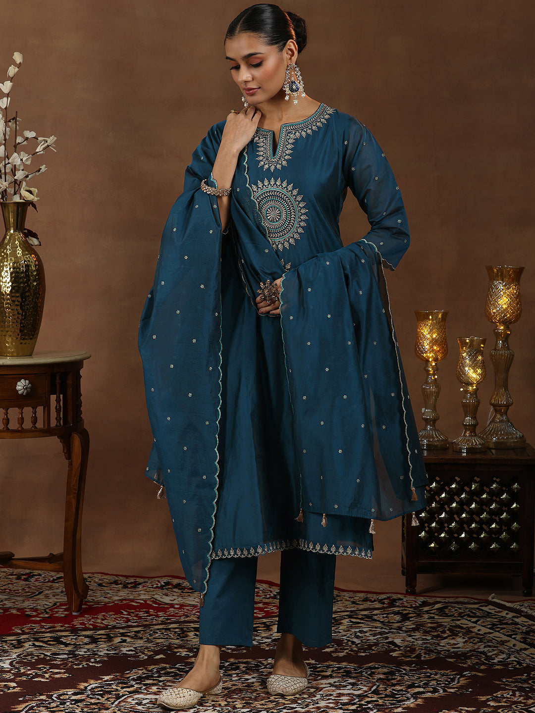 Navy Blue Embroidered Chanderi Silk Straight Suit With Dupatta