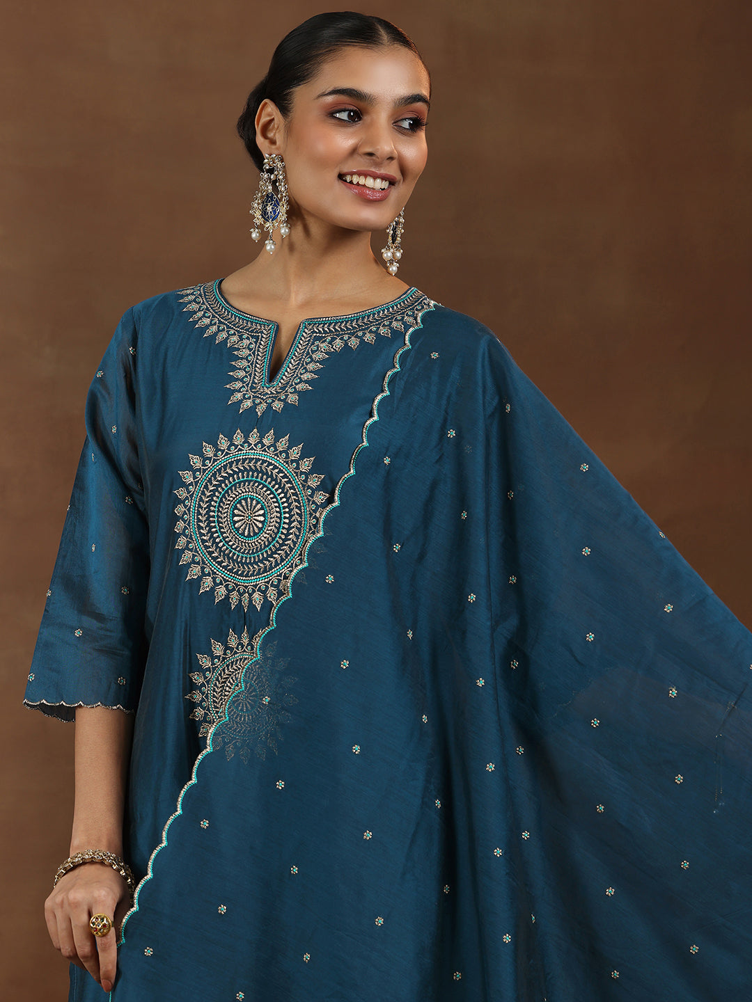 Navy Blue Embroidered Chanderi Silk Straight Suit With Dupatta