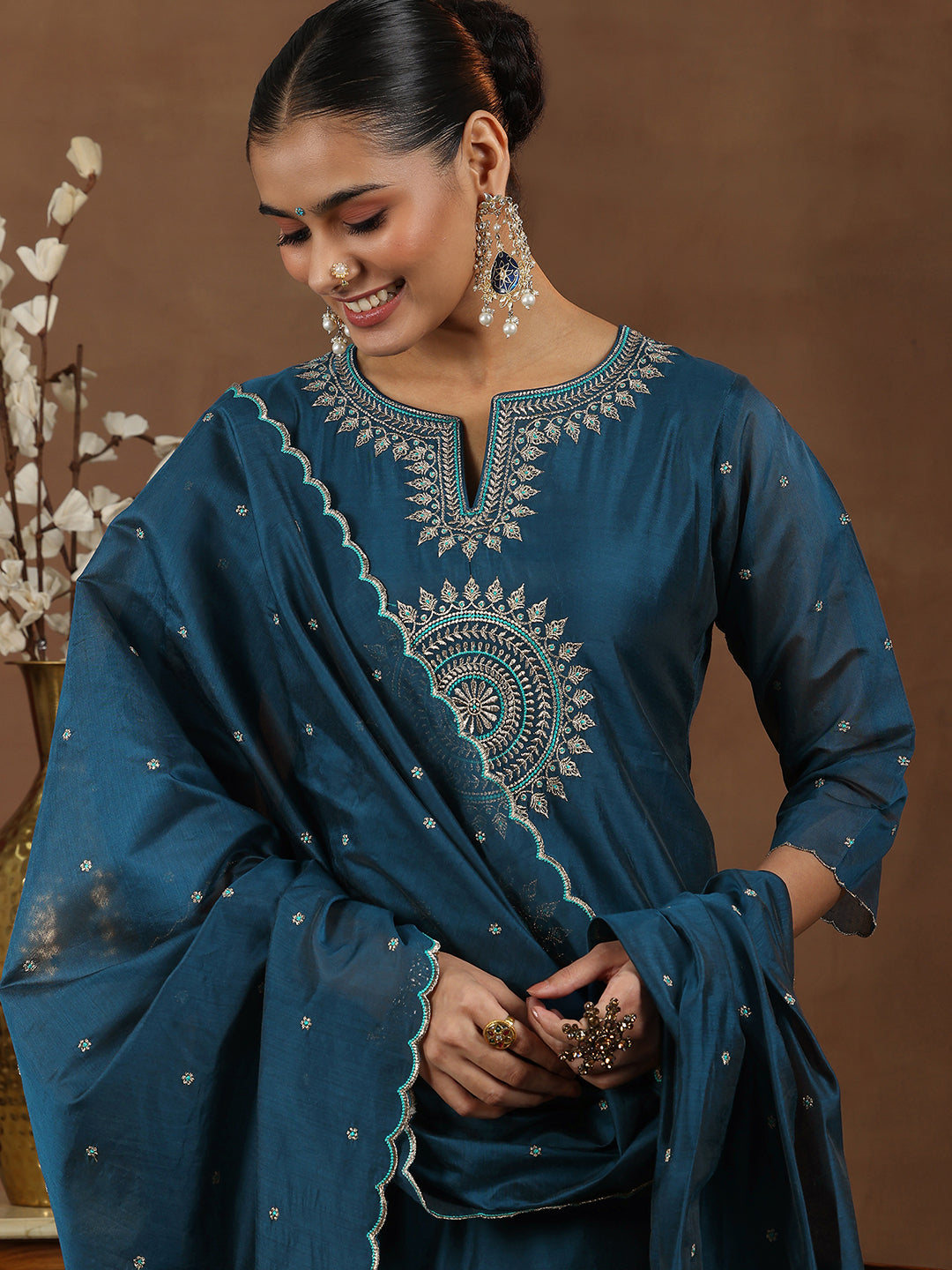 Navy Blue Embroidered Chanderi Silk Straight Suit With Dupatta