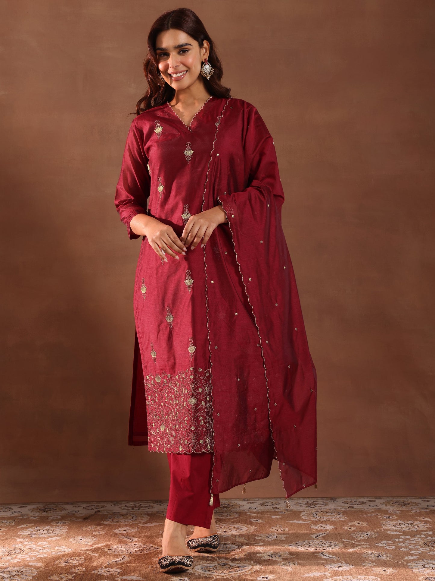 Maroon Embroidered Chanderi Silk Straight Suit With Dupatta